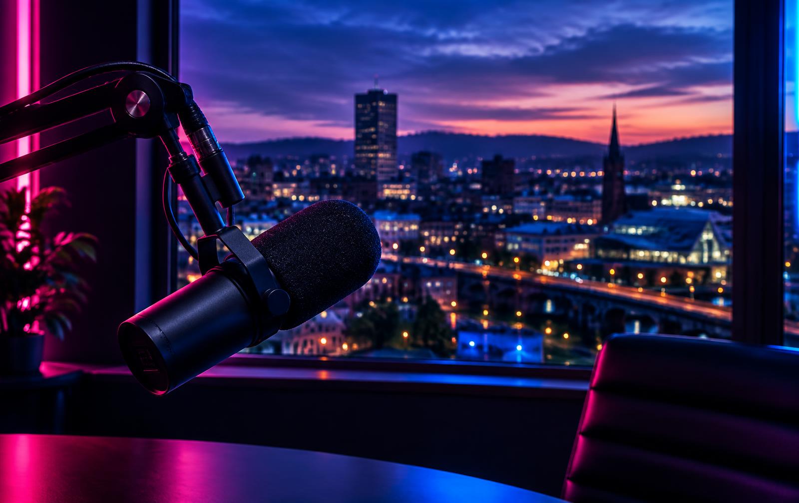 Podcast microphone overlooking Sheffield at dusk